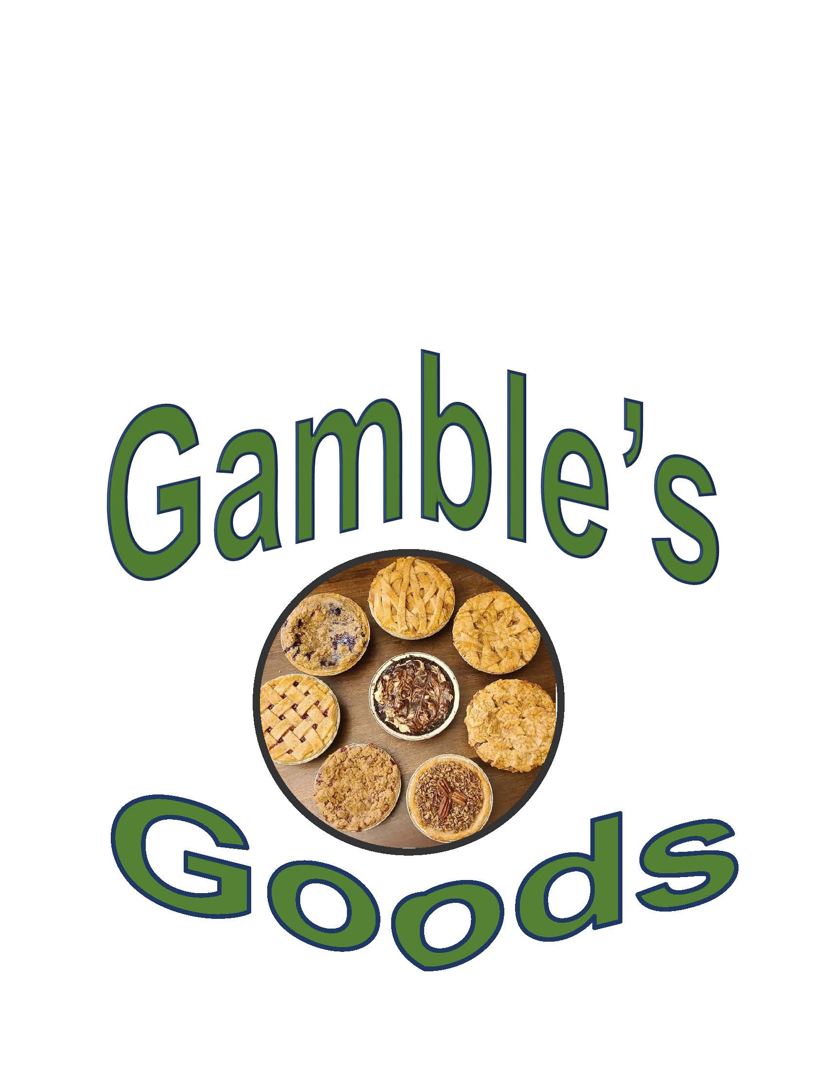 Gamble's Goods surrounding a picture of various pies.