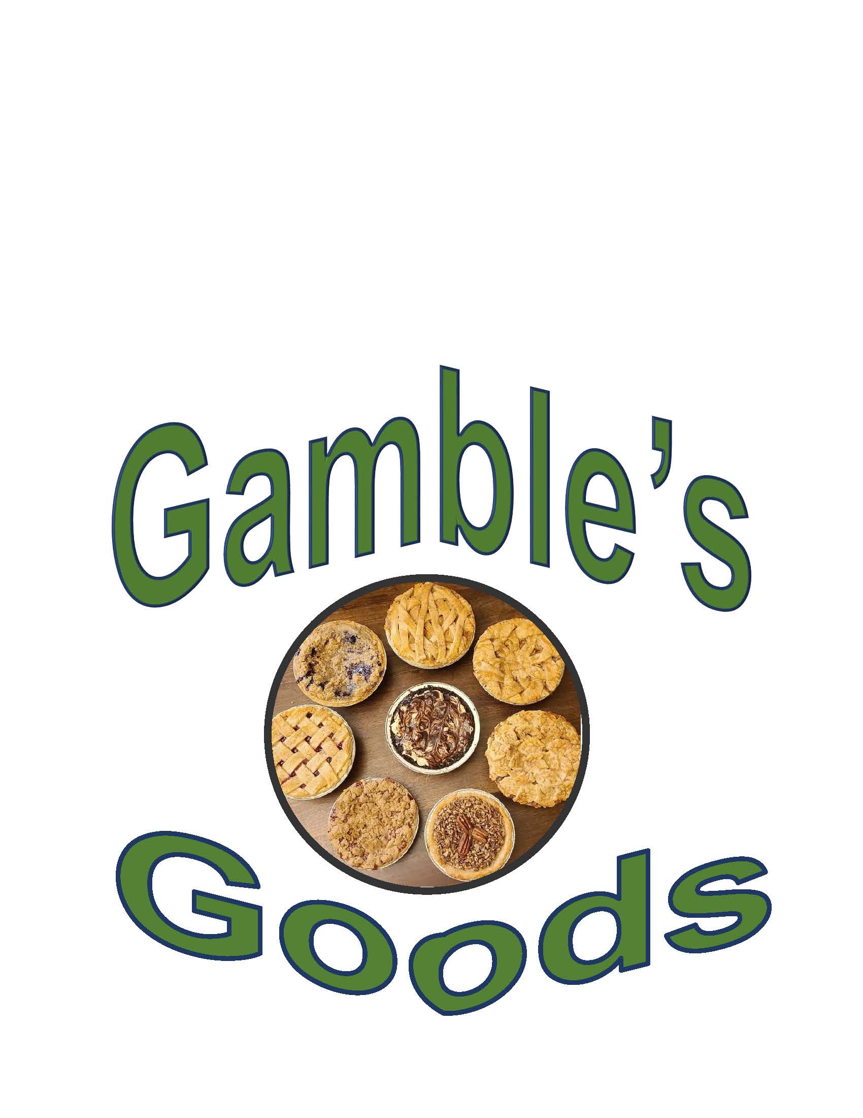 Gamble's Goods surrounding a picture of various pies.