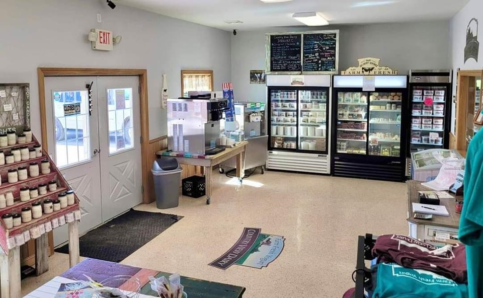 Soft-Serve, yogurt, milk, cheese curds, eggs & many other locally made products such as syrup, granola, soaps & candles are available in the store.  The store is self-service.