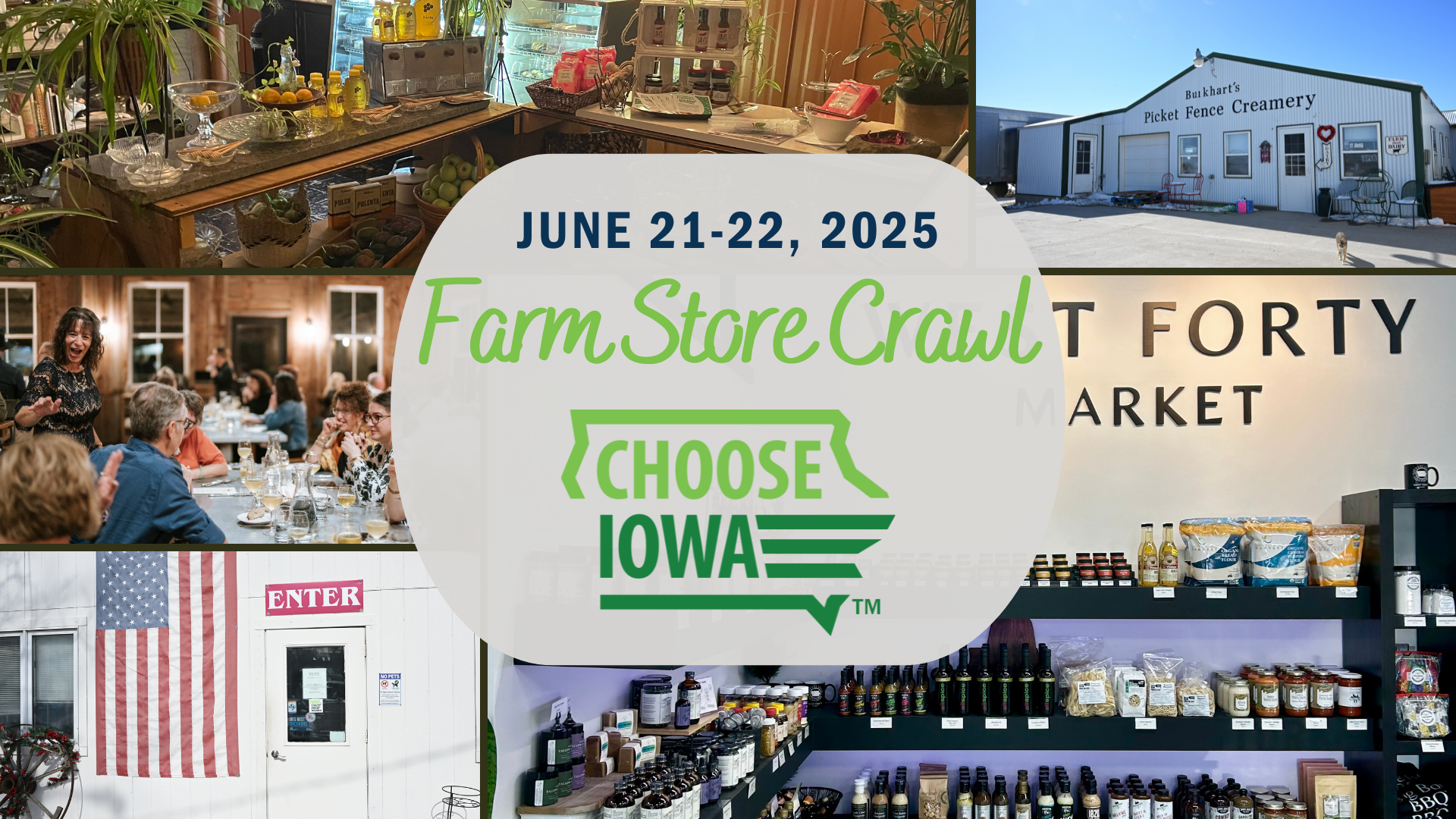 In the background are various farm stores. The text at the front of the image reads, "June 21-22, 2025 / Farm Store Crawl." The Choose Iowa logo is beneath the text.