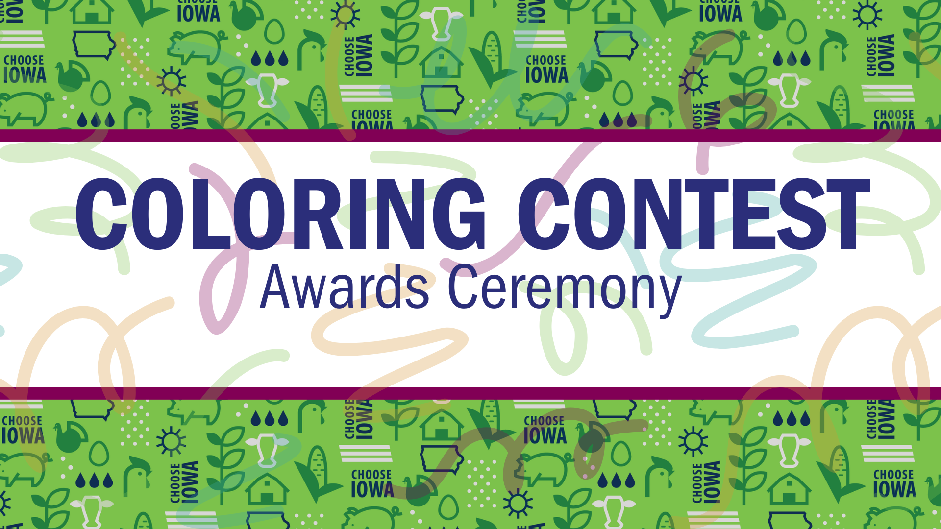 Text reads "Coloring Contest Awards Ceremony." Background of icons of farm icons.
