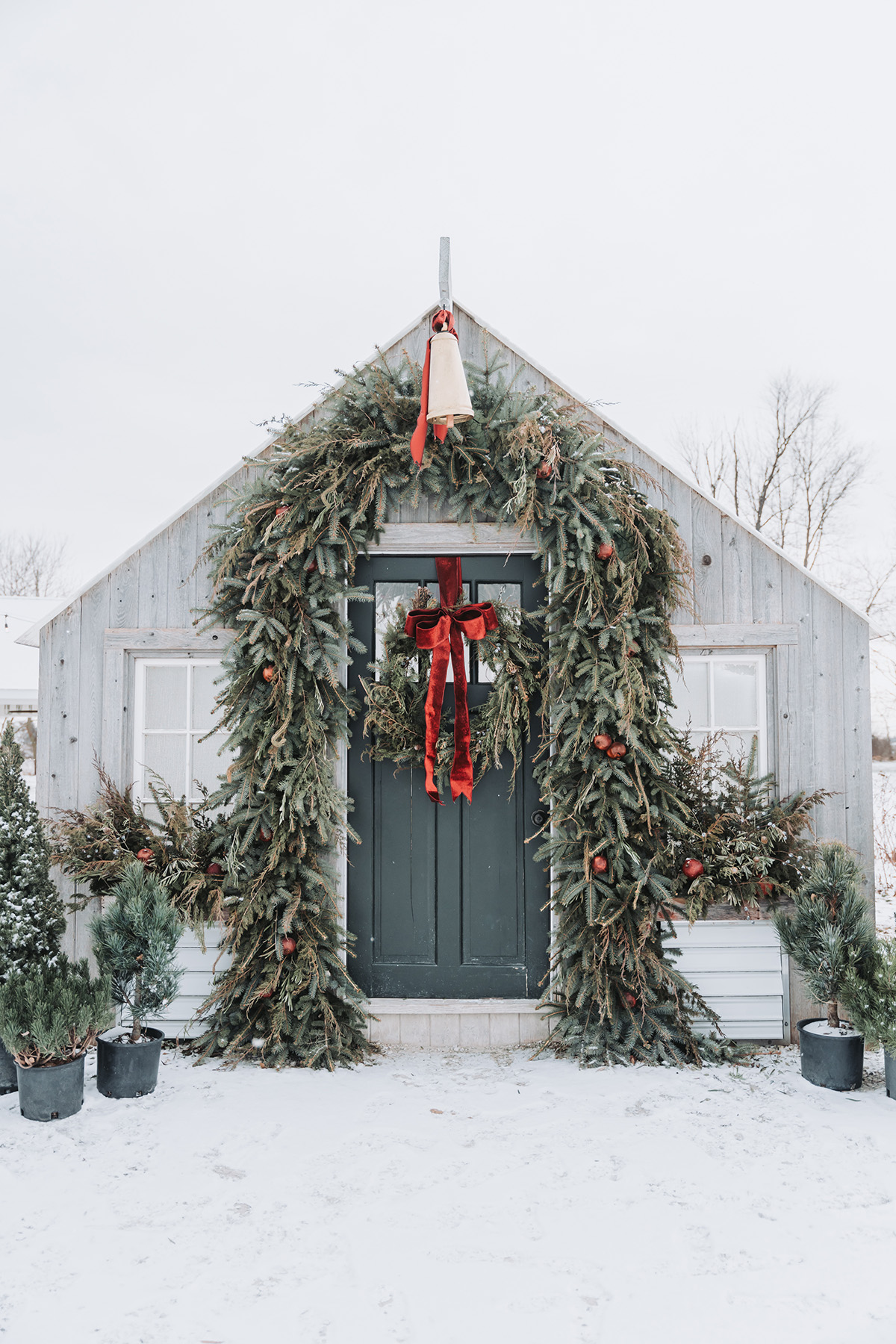 A greenhouse is decorated with greenery and a large red ribbon.