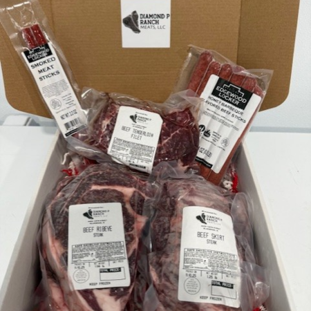 A gift box from Diamond P Ranch is displayed with loads of different beef cut options.