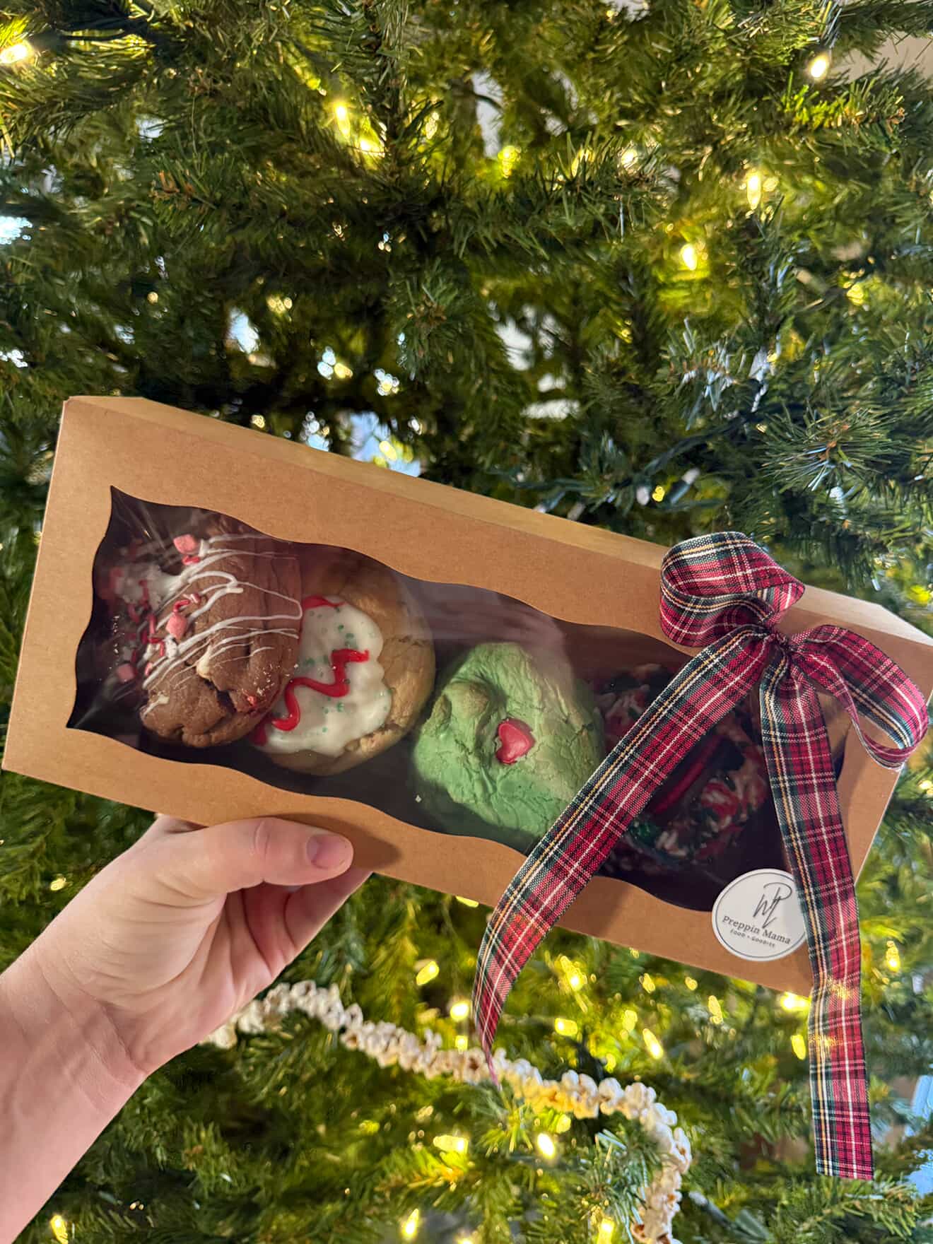 A hand holds a box of cookies in front of a Christmas tree. Each cookie is different and covered in frosting and sprinkles.