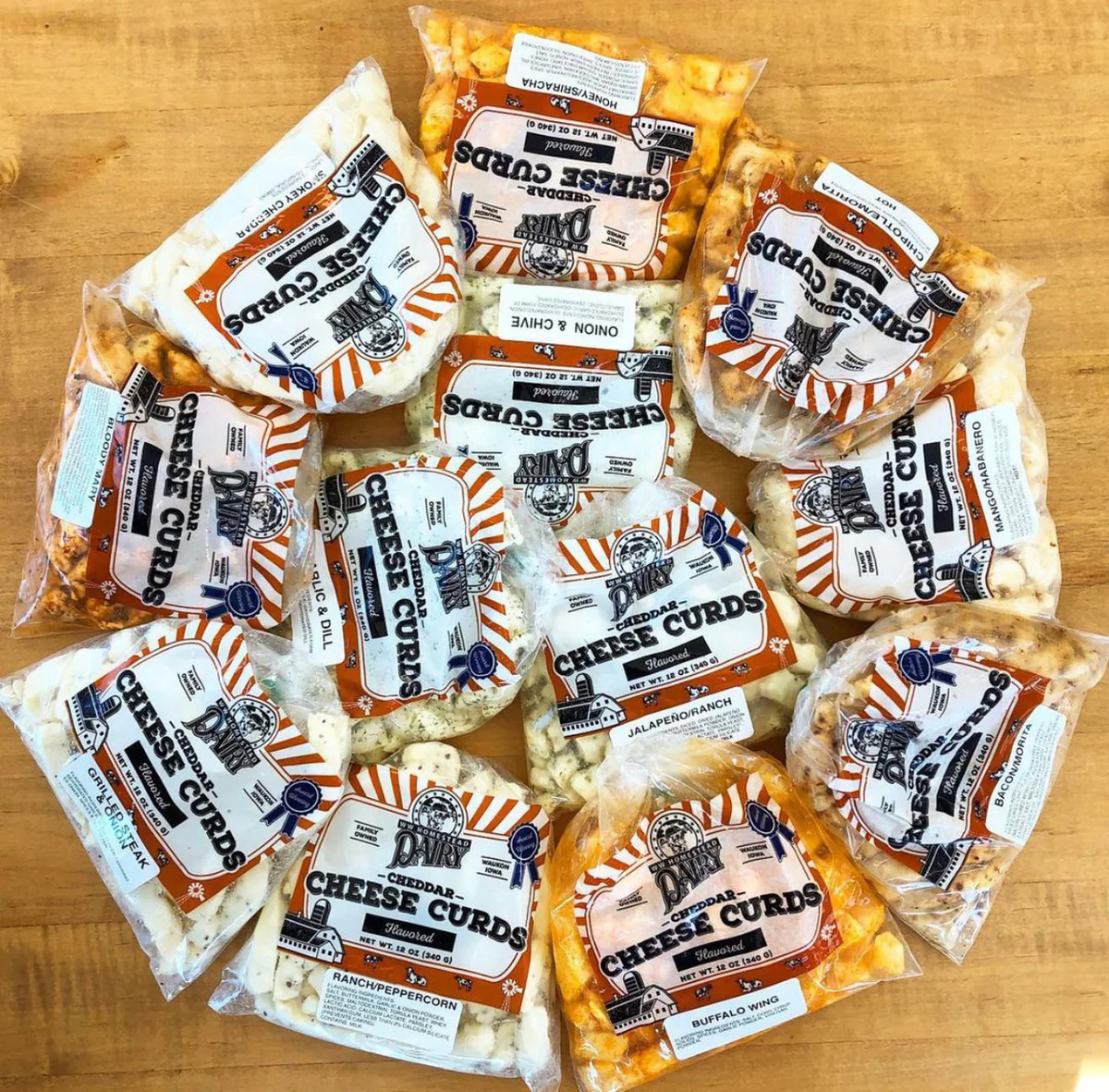 A array of different cheese curds from WW Homestead arranged in a circle.
