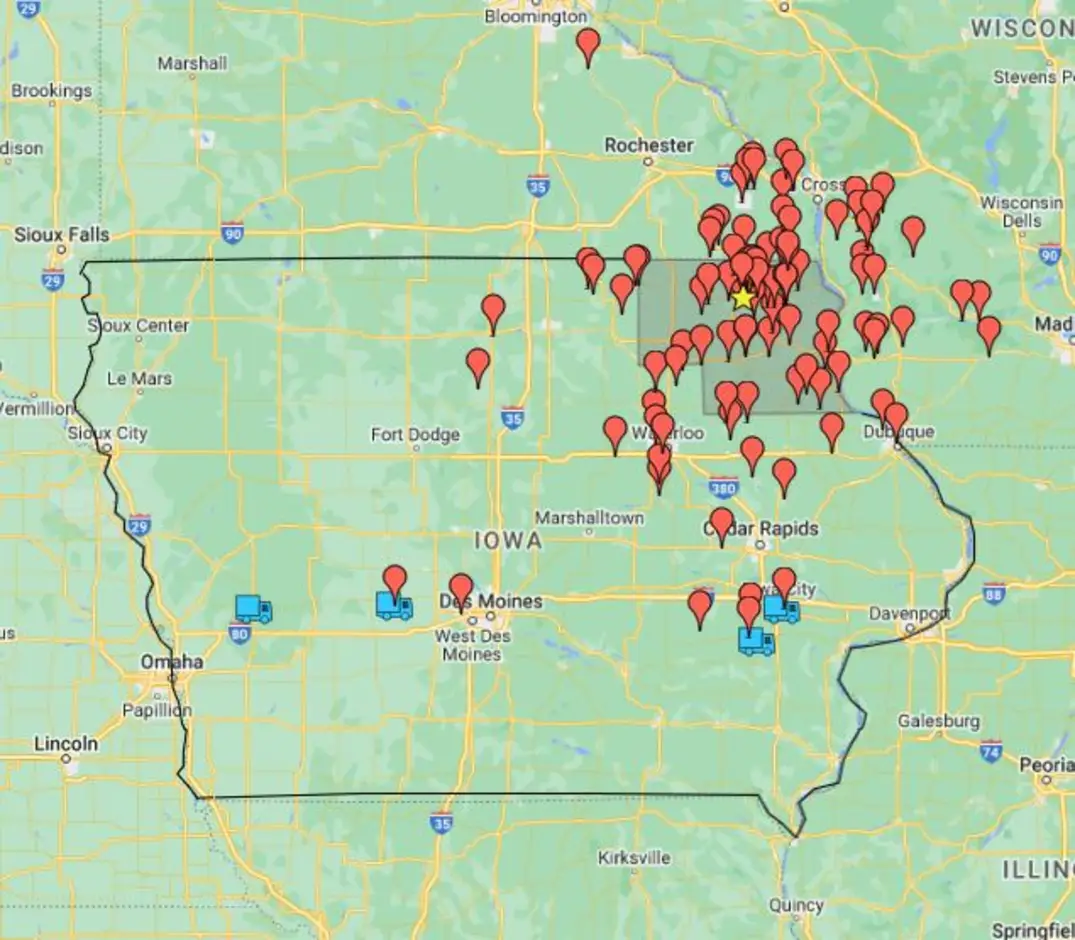 A map showing all of the Iowa Food Hub farms in the area.