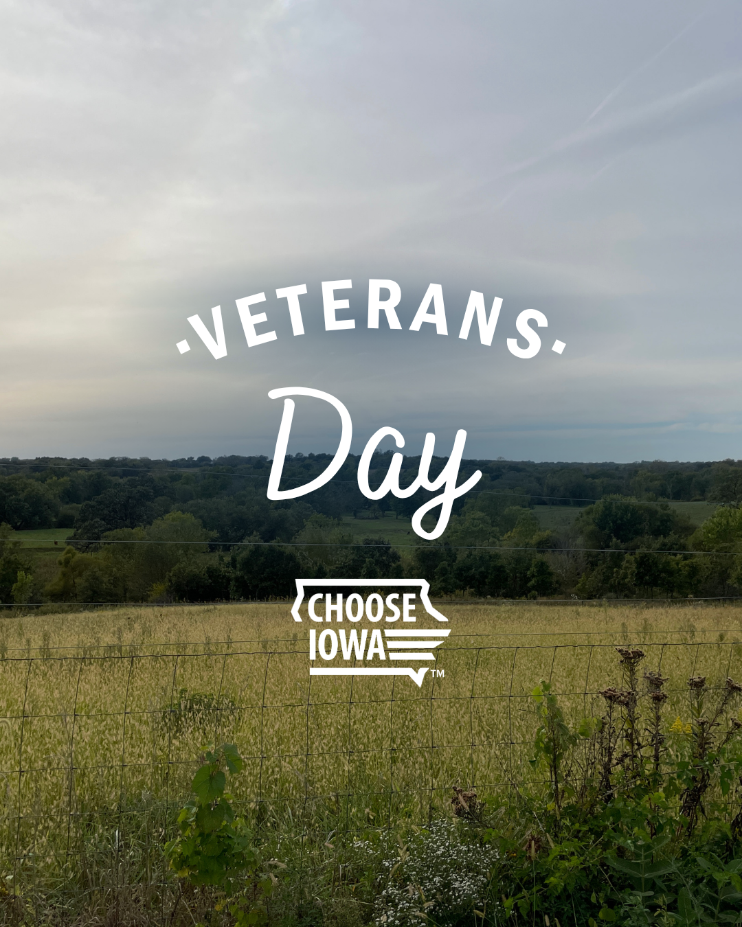 Text in the middle of the image reads "Veterans Day" The Choose Iowa logo is beneath. The background features a field scene.