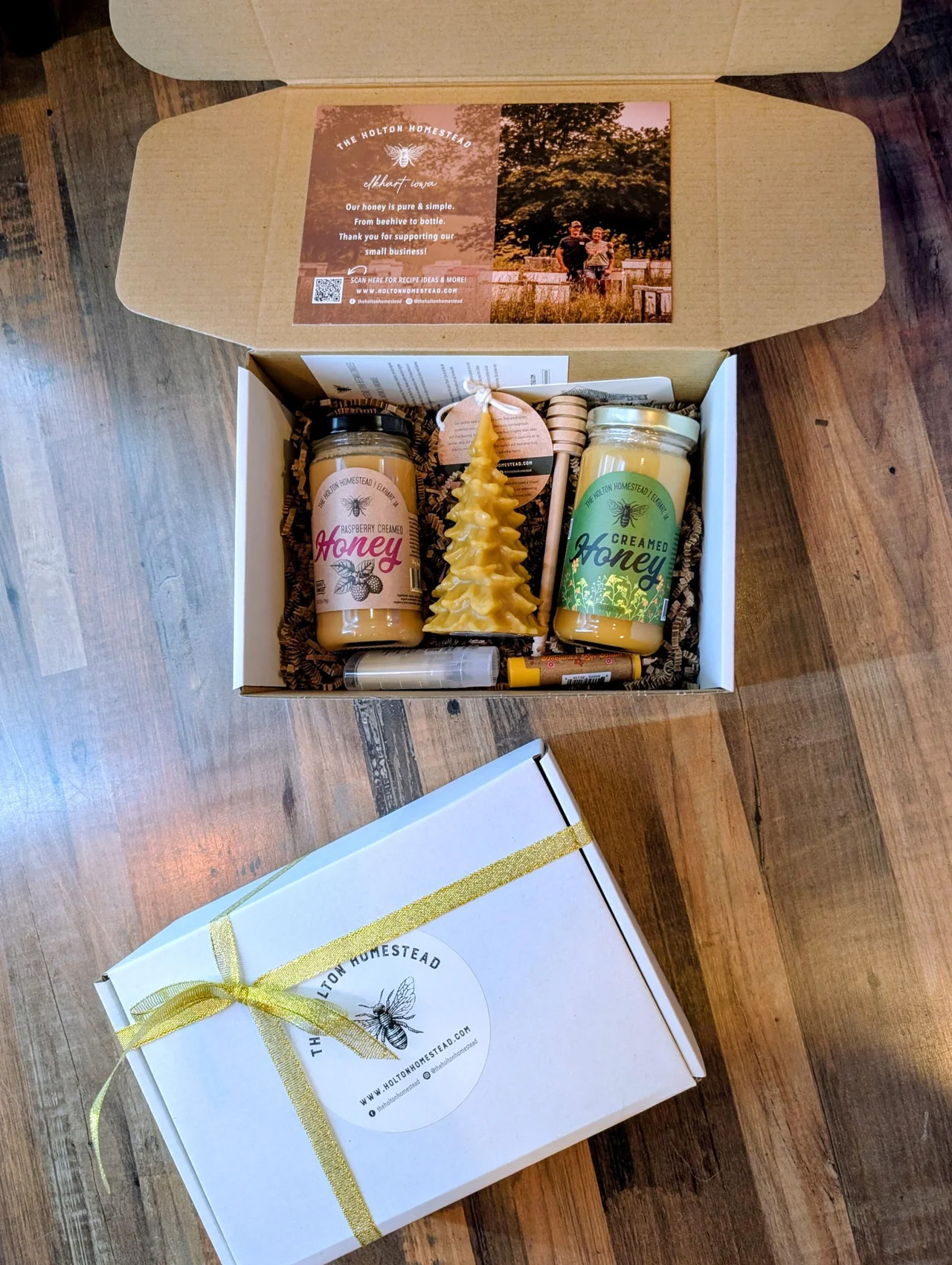 A Gift box from The Holton Homestead features creamed honey in a variety of flavors as well as beeswax candles.