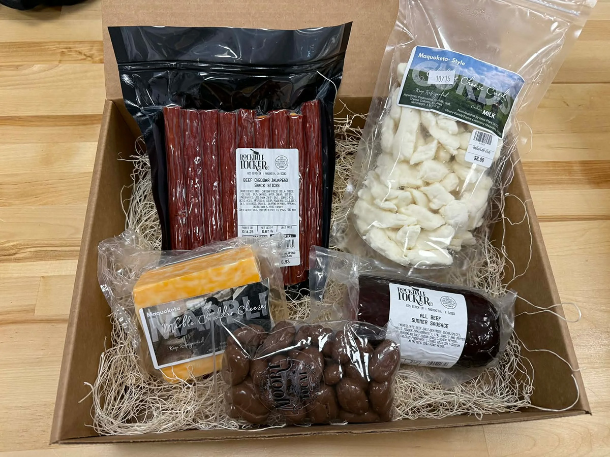Meat sticks from Rockdale locker and cheese from Moore Family Farms make up this delicious gift box.