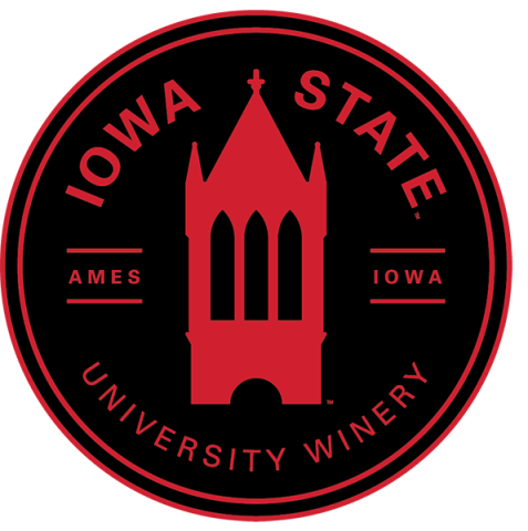 Logo for the Iowa State University Winery.  Black circle with red campanile graphic and text circling the outside.