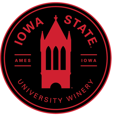 Logo for the Iowa State University Winery. Black circle with red campanile graphic and text circling the outside.