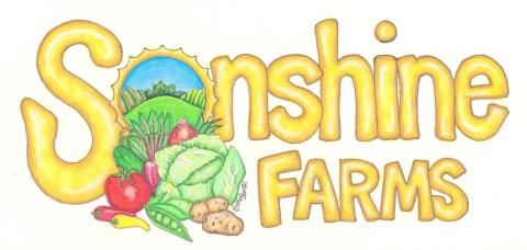 Yellow bubble letter Sonshine Farms with vegetables spilling out of the O and a farm scene in the O 