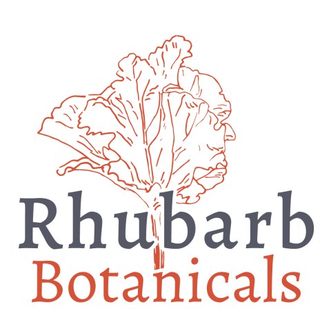 Logo text reads Rhubarb Botanicals with a rhubarb leaf graphic above