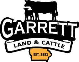 Logo of Garrett Land & Cattle, featuring a silhouette of a cow and calf, with the text "Garrett" above "Land & Cattle" on a ribbon below, along with "EST.1881" and a stylized Iowa Shape