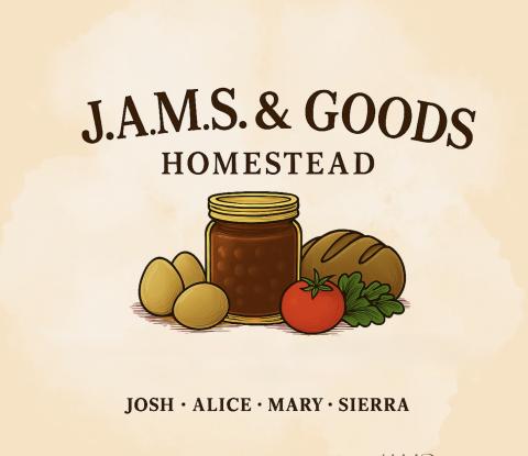 JAMS & Goods logo containing Jam jar, bread, egg, tomato 