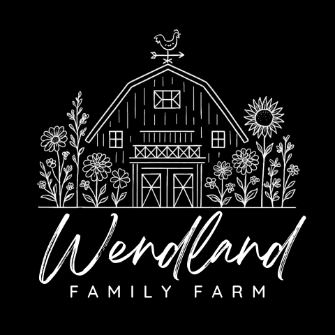 Wendland Family Farm logo featuring a hand-drawn barn surrounded by flowers, with a weather vane on top and the farm name in script lettering.