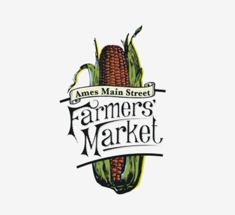 Ames Main Street Farmers' Market logo with text imposed over an ear of corn