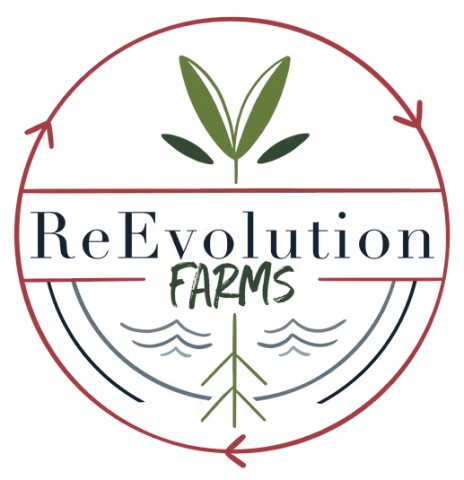 ReEvolution Farms logo with farm name intersecting a plant seedling inside a circle outline with squiggly lines implying soil around the seedling's roots.