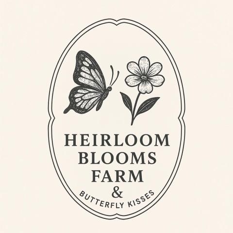 Heirloom Blooms Farm logo has a butterfly and a flower below the farm name inside an upright oval outline. 