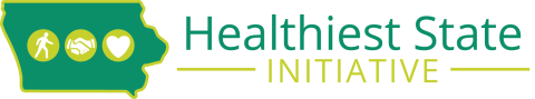 Outline of the state of Iowa in green with words Healthiest State Initiative