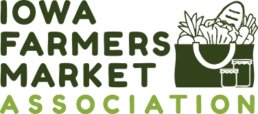 Association logo featuring a bag of market purchased items to the right of the words Iowa Farmers Market Association.