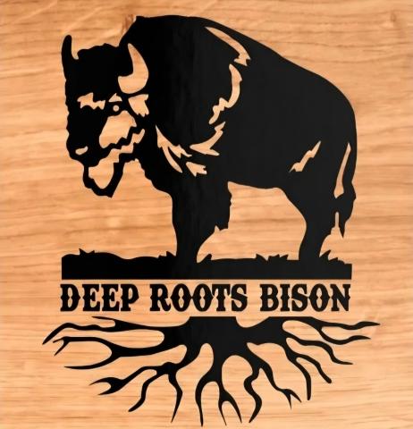 Silhouette of Bison standing above "Deep Roots Bison" with roots underneath