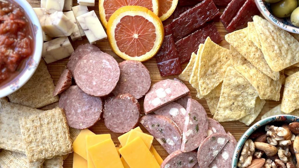 Summer Sausage, Tender Steak Strips, Cheese Snack Board