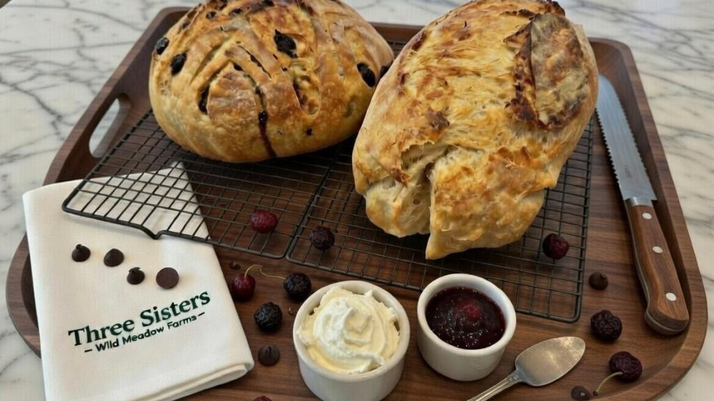 Croissant Boule and Batard - Dark Chocolate with Tart Cherry & Rich Iowa Butter Loaves - serve with Iowa clotted cream and tart cherry jam