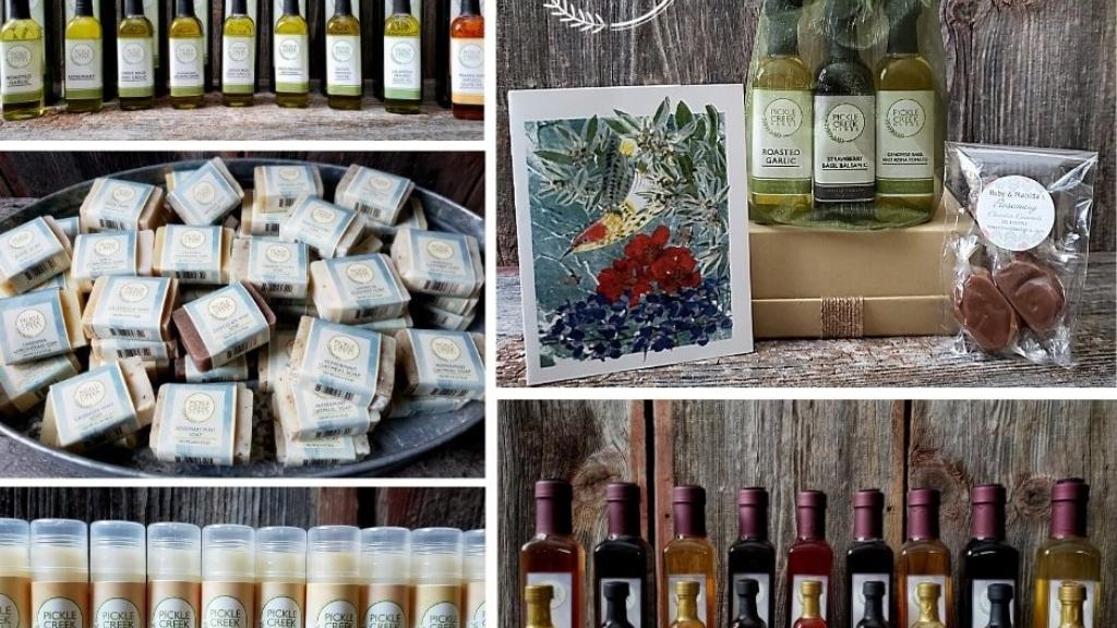 many products from Pickle Creek Herbs including oils, vinegars, soaps, lip balms and more