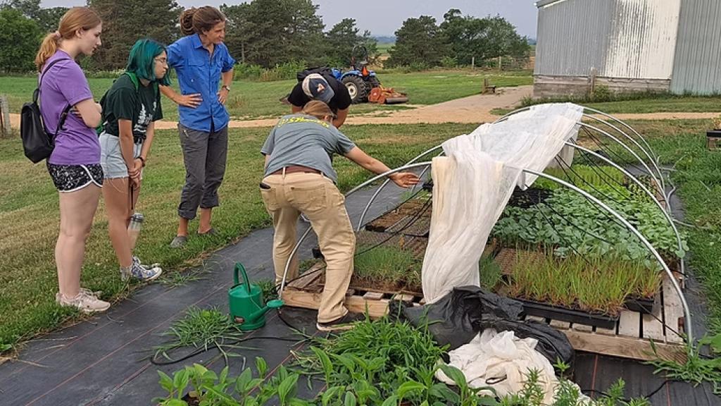 Students in a field learning about produce farming at ReEvolution Farms near Dubuque, Iowa