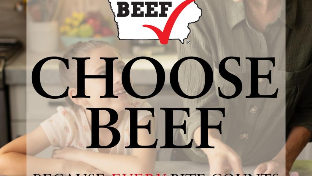 Choose Beef Because Every Bite Counts text in foreground with opaque square behind text over a mother with child