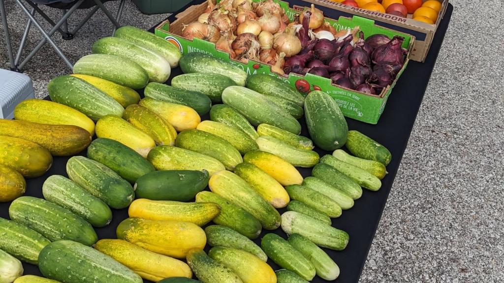 Fresh produce from First Picks Farms on a table at the local farmers market