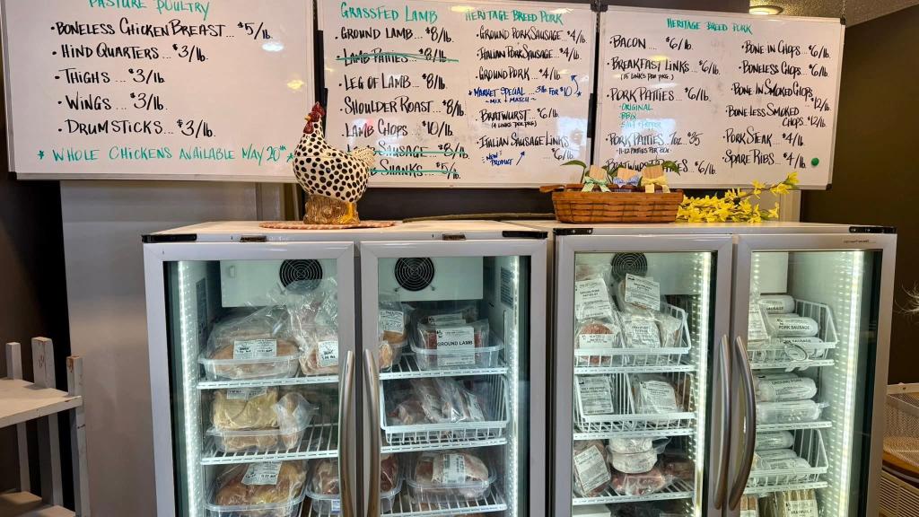 frozen meat cases in Food and Flowers Farm Stand