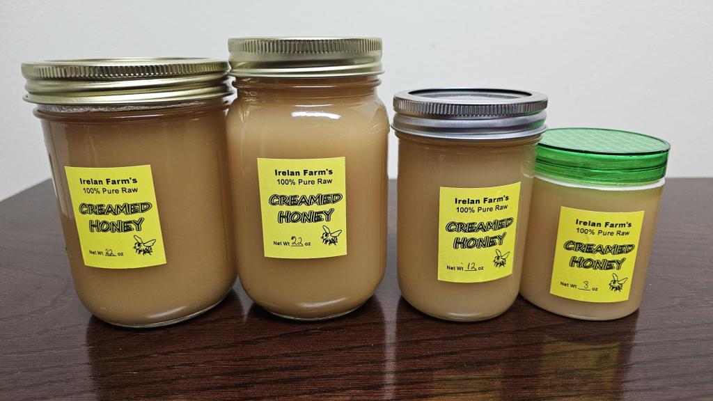 Creamed honey available in plastic containers and glass jars