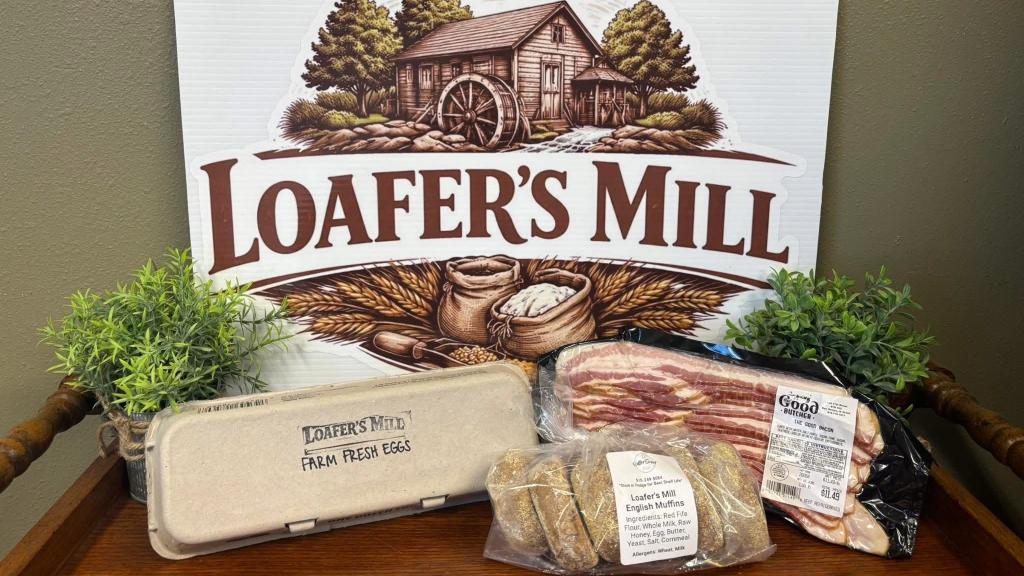 eggs and meat in front of loafer's mill logo