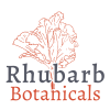 Logo text reads Rhubarb Botanicals with a rhubarb leaf graphic above