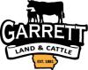 Logo of Garrett Land & Cattle, featuring a silhouette of a cow and calf, with the text "Garrett" above "Land & Cattle" on a ribbon below, along with "EST.1881" and a stylized Iowa Shape