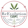 ReEvolution Farms logo with farm name intersecting a plant seedling inside a circle outline with squiggly lines implying soil around the seedling's roots.