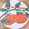 First Picks Farms logo has hand drawn red tomatoes on a green vine with their farm name in red lettering along the stem.