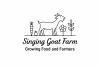 Logo consisting of outlines of a goat, carrot, beet, flower and leafy plant on a horizontal line above the farm name, Singing Goat Farm